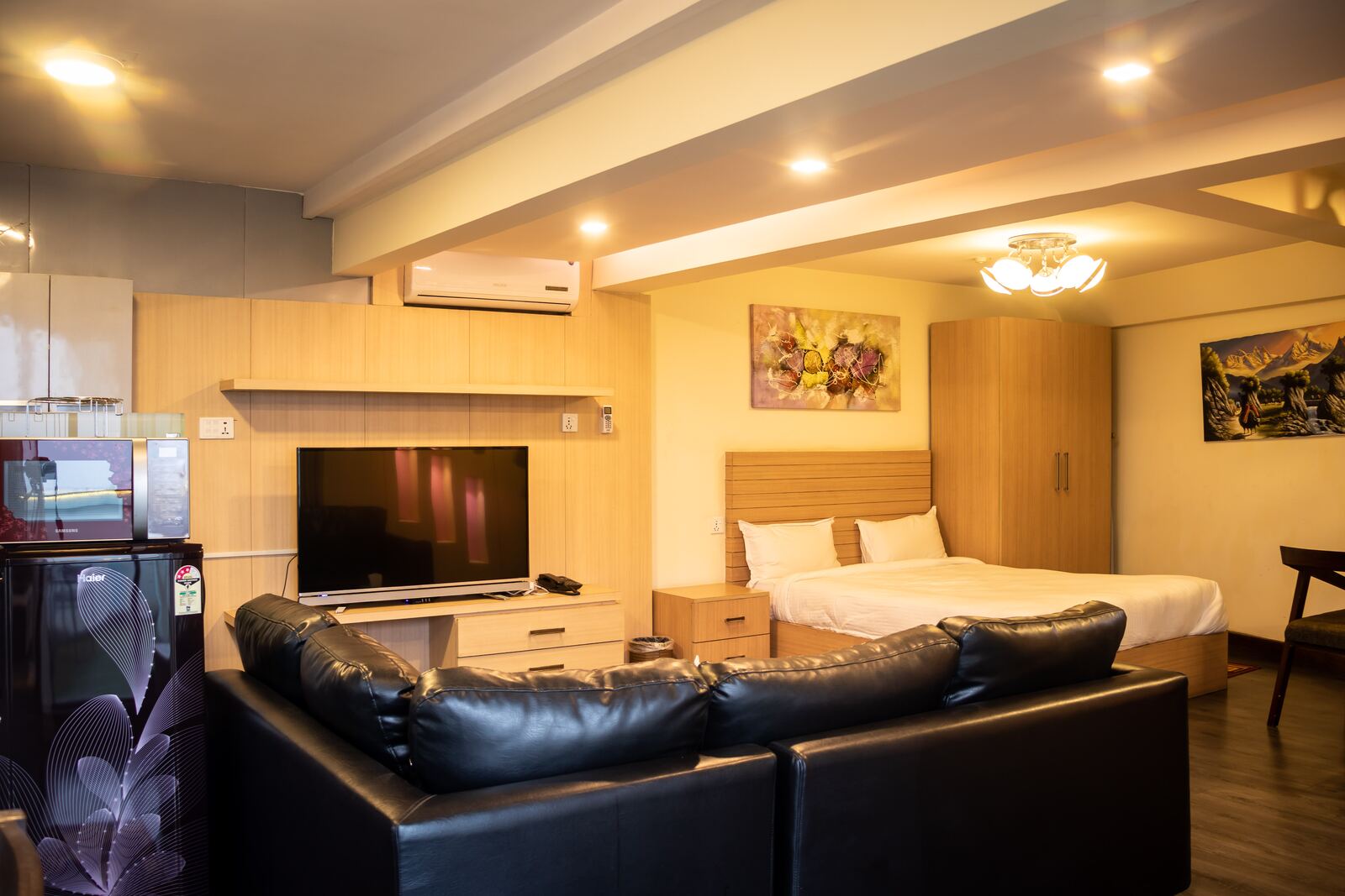 The open studio: sofa and bed in one room, with air conditioning.