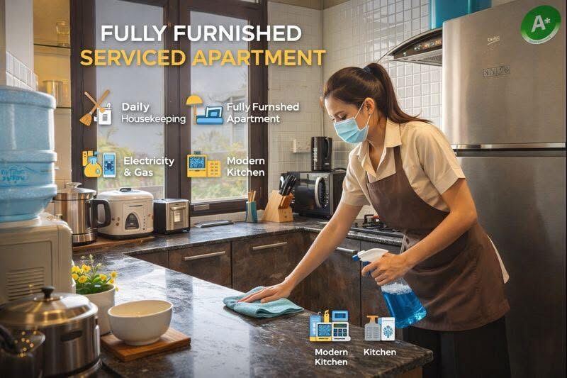 Housekeeping wiping down a kitchen worktop, with the services offered listed alongside.